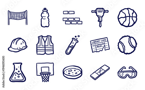 Hand-drawn blue ink doodle elements for sports, construction, and science education. Rustic naive marker sketches on a clean white background.