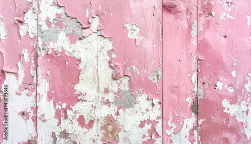 A close-up of peeling pink and white paint on weathered wood.