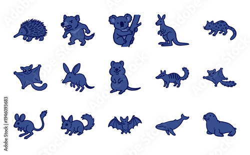 Hand-drawn Australian wildlife and marine mammals in a naive blue marker sketch style. Rustic, organic doodles of kangaroo, koala, and sea life.