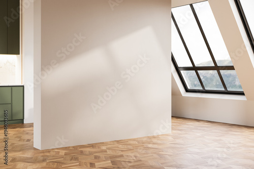 Empty room interior with blank wall and skylight windows, 3D render