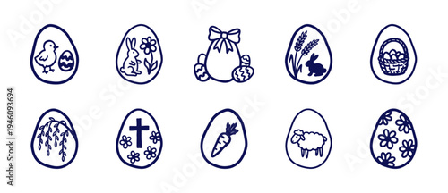 Hand-drawn Easter holiday symbols in a naive marker sketch style. Rustic, clumsy organic line art featuring bunnies, eggs, and spring nature elements.