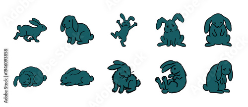 Hand-drawn rabbit poses and behaviors for organic branding. Rustic, naive marker sketch illustrations featuring teal bunny character concepts.