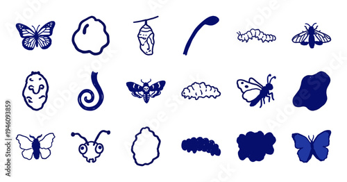 Hand-drawn butterfly life cycle and entomology elements for organic educational branding. Rustic, naive marker sketch illustrations featuring monarch and moth species.