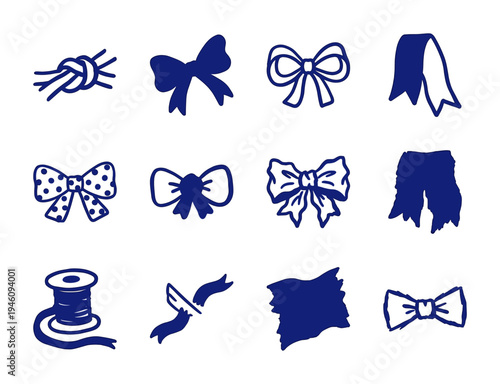 Hand-drawn ribbon and sewing notions for rustic textile branding. Naive marker sketch illustrations featuring bows, spools of thread, and fabric scraps.