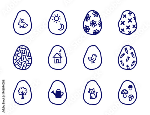 Hand-drawn Easter eggs with rustic doodle patterns and nature symbols. Naive marker sketch illustrations featuring springtime garden and holiday motifs.