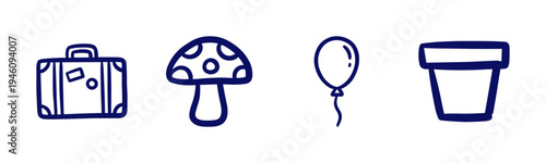 Hand-drawn travel and nature elements in a naive doodle style. Rustic marker sketch illustrations featuring a suitcase, mushroom, flower pot, and balloon.