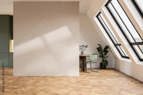 Empty room interior with large blank wall and skylight windows, 3D render