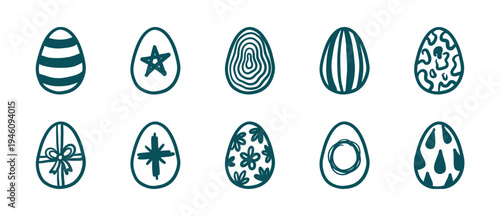 Hand-drawn Easter egg illustrations for festive spring branding. Rustic naive marker sketch elements featuring various organic patterns and holiday decorations.