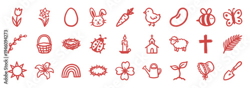 Hand-drawn Easter and spring celebration elements in a naive red marker doodle style. Rustic, clumsy sketches of bunnies, eggs, and religious symbols.