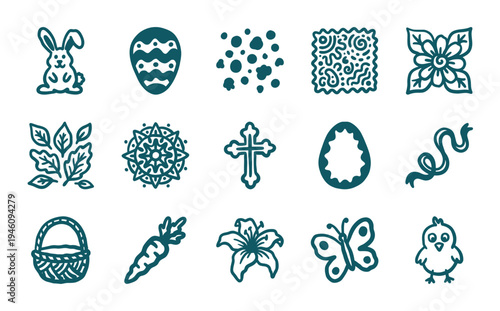 Hand-drawn Easter and springtime elements for rustic brand identity. Naive doodle illustrations featuring bunny, eggs, chick, and floral motifs.