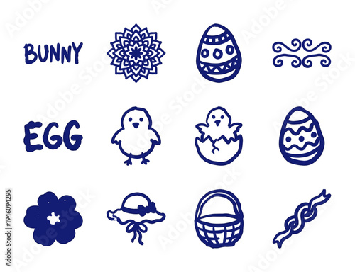 Hand-drawn Easter holiday doodles and spring seasonal elements in a rustic navy blue marker sketch style for festive greeting cards and crafts.
