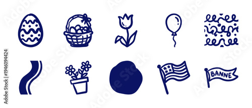 Hand-drawn spring and celebratory elements for organic brand identity. Rustic, naive marker sketch illustrations featuring Easter eggs, flowers, and festive banners.