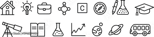 education school icon set, learning science outline icons, academic study symbols, university knowledge vector collection, minimal line education icons