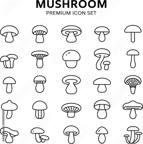 mushroom icon set, mushroom outline vector collection, edible fungi icons, forest mushroom symbols, minimal line mushrooms, organic nature icon pack