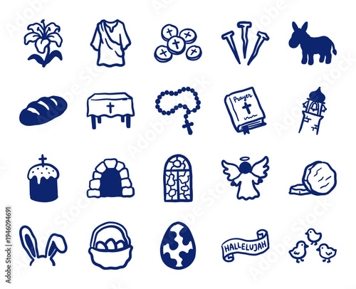 Hand-drawn Easter and Holy Week religious elements for spiritual storytelling. Rustic, naive marker sketch illustrations featuring Christian tradition concepts.