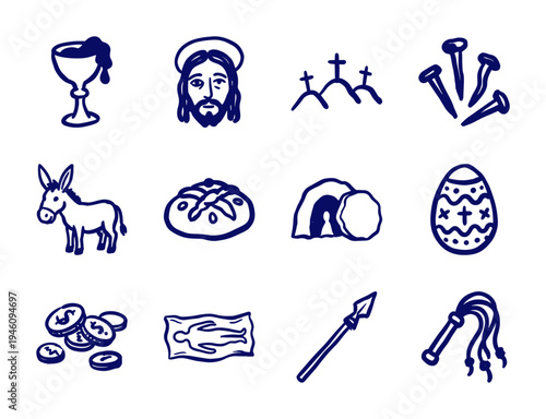 Christian Easter and Holy Week symbols in a navy blue hand-drawn marker sketch style. Rustic religious illustrations featuring the passion of Christ.