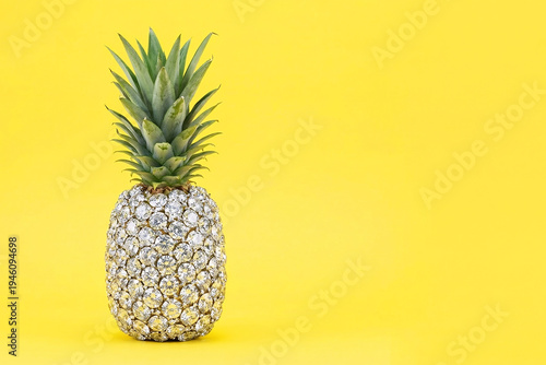 Diamond Encrusted Pineapple On Yellow Background, Luxury Still Life, Gemstone Fruit Sculpture, Minimal Pop Color, Clean Product Photo, Copy Space