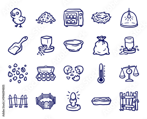 Hand-drawn poultry farming and chicken incubation elements in a naive doodle style. Rustic marker sketch illustrations for agricultural branding.