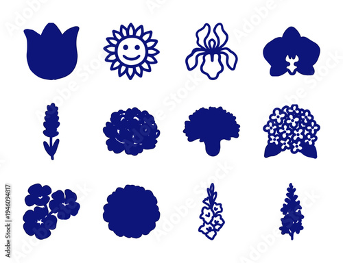 Hand-drawn botanical flower silhouettes with rustic naive aesthetic for organic branding. Clumsy ink doodle floral elements featuring various garden blooms.