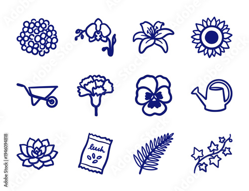 Hand-drawn botanical garden and horticulture elements for organic branding. Rustic, naive marker sketch illustrations featuring floral and cultivation concepts.