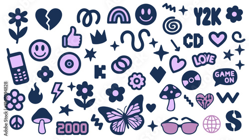 Navy blue and purple y2k icons like butterflies, phones, cameras and smileys on white. Conceptual vector illustration for retro 2000s aesthetic clipart and millennial nostalgia designs.