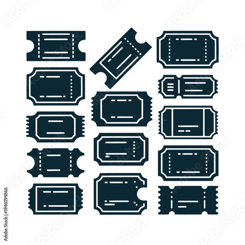 A collection of various black ticket stubs arranged on a white background