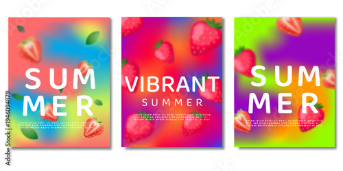 Summer Strawberry Gradient Mesh Poster Set, Blurred Fruit Background, Modern Minimal Design