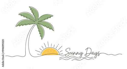 Vector illustration of palm tree at sunset with 'Sunny Days' text