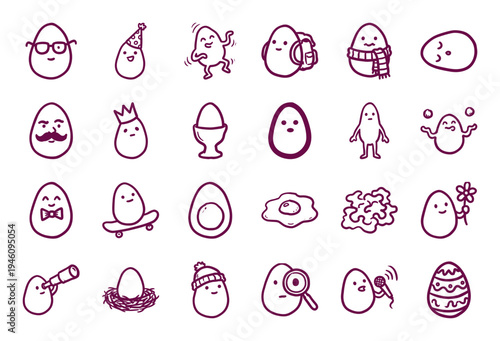 Whimsical egg character doodles in a naive marker sketch style. Playful hand-drawn protein mascots featuring cooking, Easter, and lifestyle themes.
