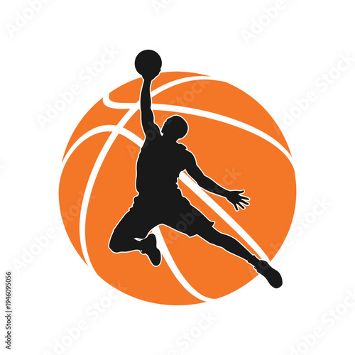Basketball player silhouette dunking ball against large orange basketball background vector