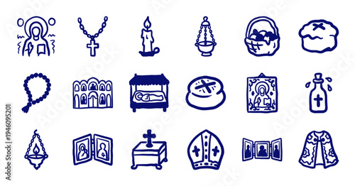 Hand-drawn Orthodox Christian religious symbols and liturgical items. Rustic naive marker sketch illustrations featuring church icons and ritual objects.