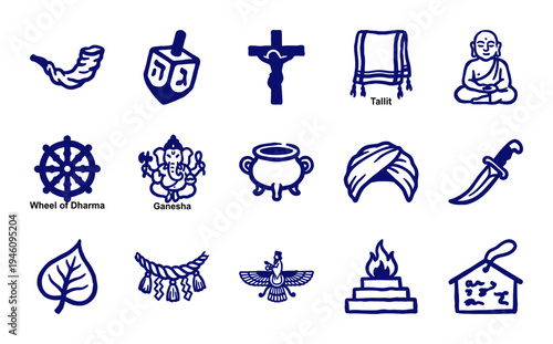Hand-drawn religious symbols and spiritual artifacts in a rustic marker sketch style. Naive blue ink doodles for cultural education and diverse faith branding.