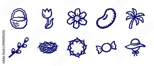 Hand-drawn spring and nature elements in a rustic monoline doodle style. Naive marker sketch illustrations featuring garden, Easter, and floral motifs.