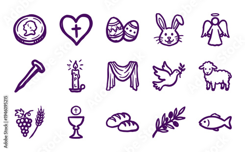 Easter and Christian religious symbols in a purple hand-drawn doodle style. Naive marker sketch illustrations for holiday stationery and church media.