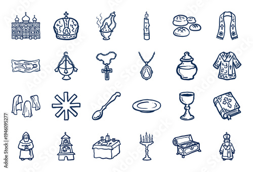 Orthodox Christian religious elements and church liturgy symbols in a rustic hand-drawn doodle style. Naive marker sketch illustrations for spiritual branding.