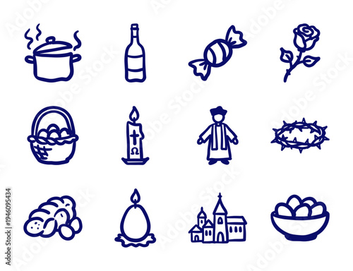 Traditional Christian and Easter religious elements for spiritual branding. Hand-drawn naive doodle illustrations featuring church, crown of thorns, and holiday symbols.