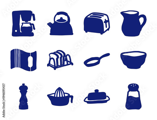 Hand-drawn kitchenware and breakfast essentials in a rustic blue block-print style. Naive organic shapes featuring morning culinary tools.