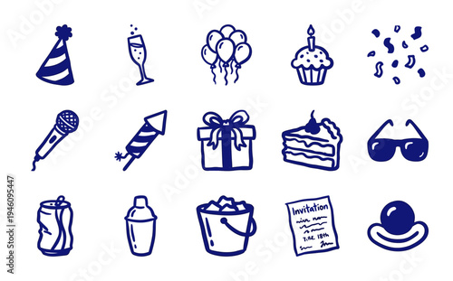 Hand-drawn party and celebration elements in a naive marker sketch style. Rustic navy blue doodle illustrations for festive event branding and invitations.