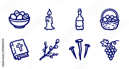Hand-drawn Christian Easter and Lenten symbols with rustic naive aesthetic. Crude marker sketch illustrations of religious holiday traditions.