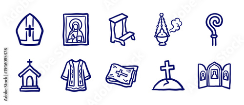 Orthodox Christian liturgical elements and religious symbols in a rustic blue marker doodle style. Naive hand-drawn ecclesiastical illustrations for spiritual branding.