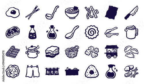 Authentic hand-drawn Japanese ramen and street food elements for organic branding. Rustic naive marker sketch illustrations of Asian culinary culture.