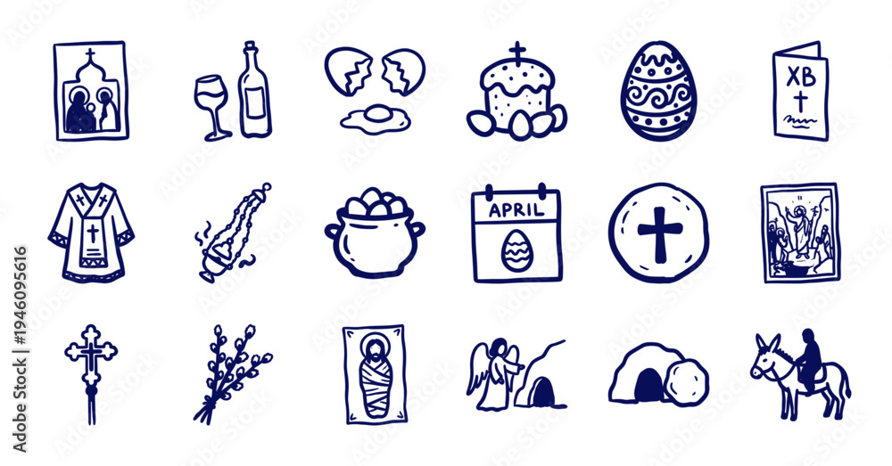 Naklejka premium Orthodox Easter celebration elements in a rustic hand-drawn doodle style. Naive marker sketch illustrations featuring paschal bread, decorated eggs, and church icons.