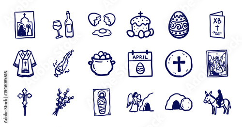 Orthodox Easter celebration elements in a rustic hand-drawn doodle style. Naive marker sketch illustrations featuring paschal bread, decorated eggs, and church icons.