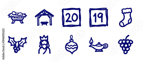 Hand-drawn Christmas and Nativity doodles for rustic holiday branding. Naive navy blue marker sketch illustrations featuring religious and festive symbols.