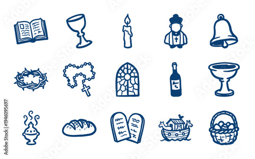 Christian religious symbols and church elements in a naive doodle style. Rustic hand-drawn marker sketches of biblical themes for spiritual branding.