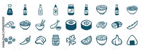 Hand-drawn Japanese cuisine and sushi condiments for organic branding. Rustic naive marker sketch illustrations featuring ramen, gyoza, and traditional sauces.