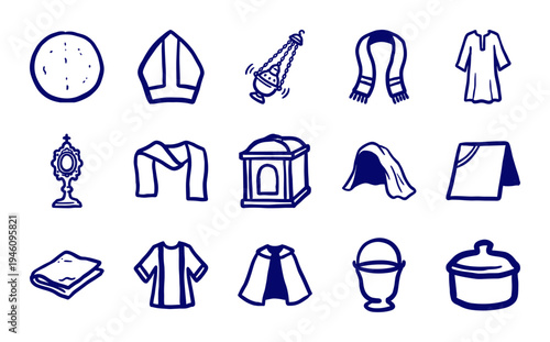 Catholic liturgical vestments and altar vessels in a naive hand-drawn doodle style. Rustic navy blue marker sketch of religious ceremonial objects.