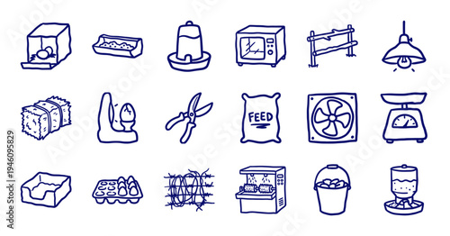 Hand-drawn poultry farming and chicken coop equipment for organic agriculture branding. Rustic naive marker sketch illustrations of aviculture tools.