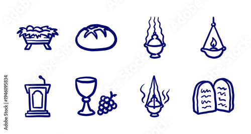 Hand-drawn Christian religious symbols and liturgical elements for spiritual branding. Rustic naive marker sketch illustrations featuring church worship concepts.