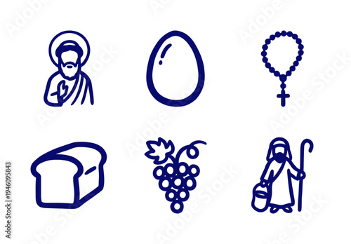 Hand-drawn religious and spiritual symbols for rustic faith branding. Naive navy blue marker sketch illustrations featuring christianity and biblical concepts.